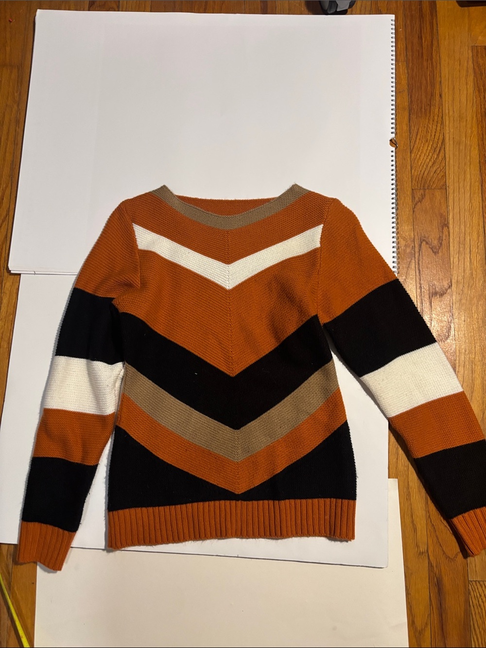 Rust Chevron Stripe bateau neck Sweater with Black, Cream, and Tan Accents